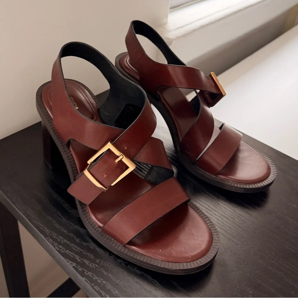 Zara Brown Leather Sandals With Gold Buckles Like New 2025 - Picture 2 of 5